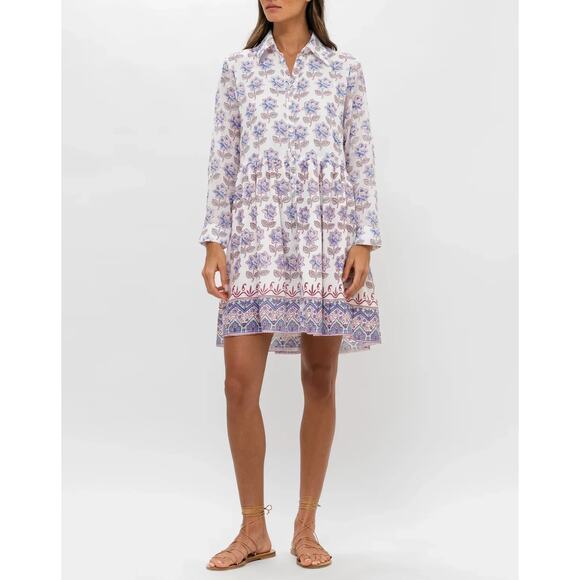Oliphant Dresses & Skirts - OLIPHANT Long Sleeve Mini Cotton Button Shirt Dress Block Print Portofino Aqua